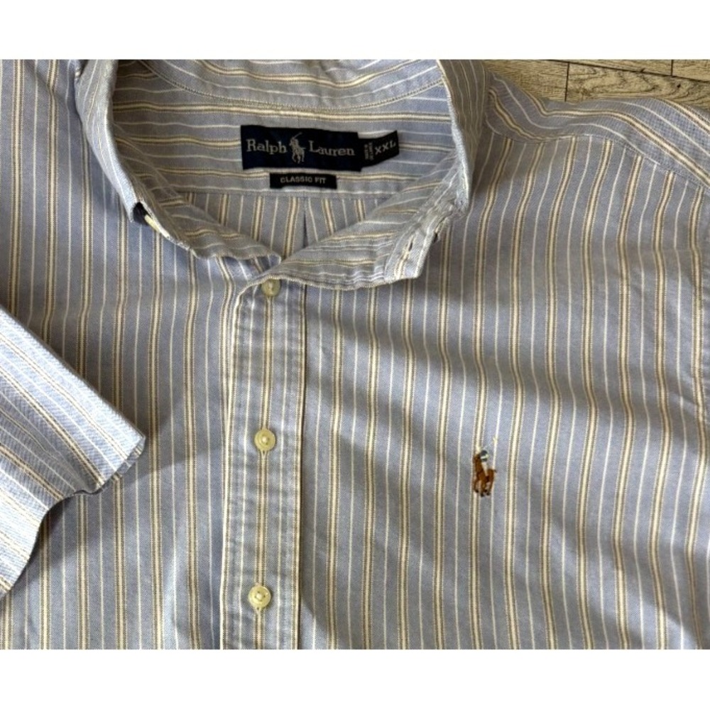 Ralph Lauren Shirt Mens Blue Stripe Button Down Short Sleeve Polo Flesh Pony XXL